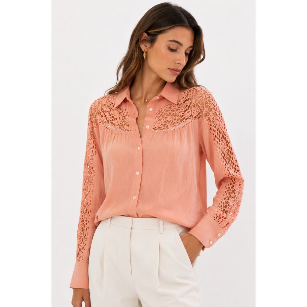 Lulus Callie Slade Womens Peach Crochet Lace Button Up Large Cottagecore Top NEW